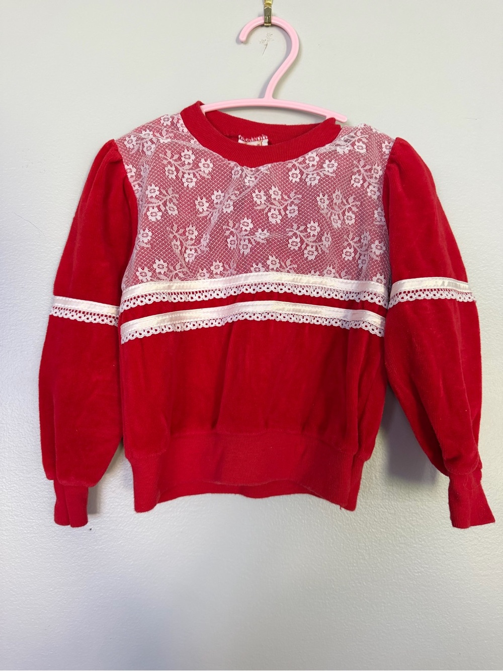 Vintage Red Lace-Trim Kids Sweater